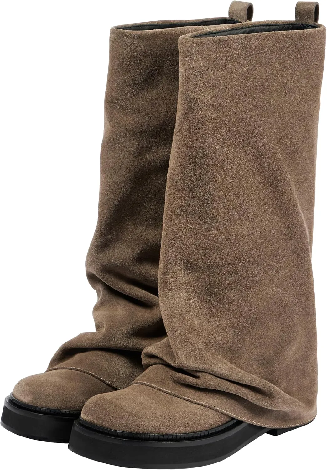 MAVMAX Women Fold Over Knee High Boots Casual Round Toe Coverd Slouched Leather Pull On Wide Calf Chunky Low Heel Platform Boots