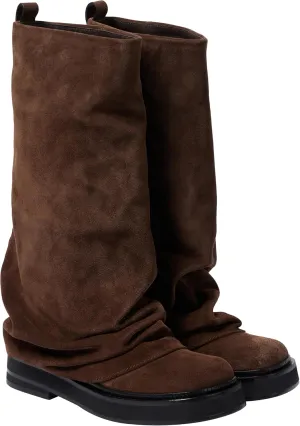 MAVMAX Women Fold Over Knee High Boots Casual Round Toe Coverd Slouched Leather Pull On Wide Calf Chunky Low Heel Platform Boots