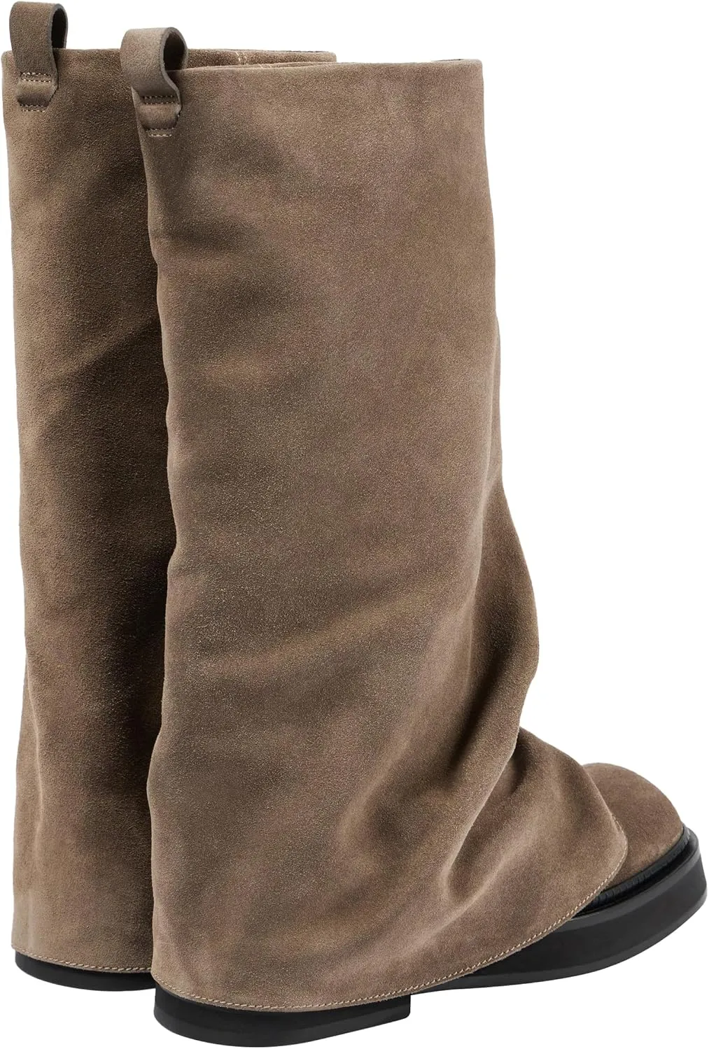 MAVMAX Women Fold Over Knee High Boots Casual Round Toe Coverd Slouched Leather Pull On Wide Calf Chunky Low Heel Platform Boots