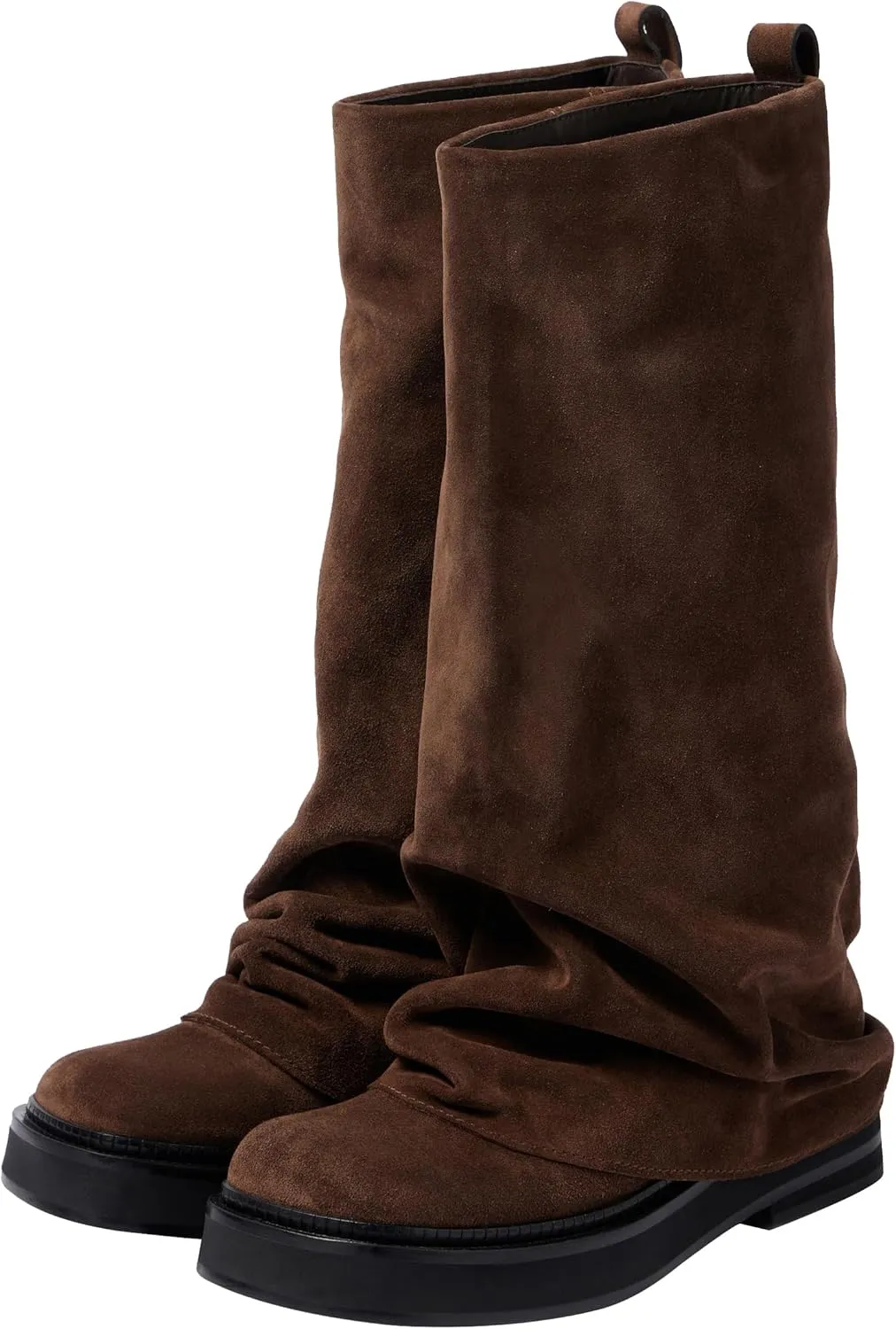 MAVMAX Women Fold Over Knee High Boots Casual Round Toe Coverd Slouched Leather Pull On Wide Calf Chunky Low Heel Platform Boots
