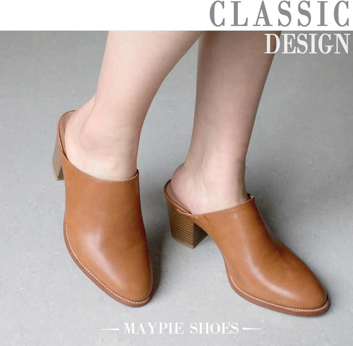 Maypie Womens Chunky Heels Mules and Clogs Closed Toe Bootie Pumps Slides Shoes