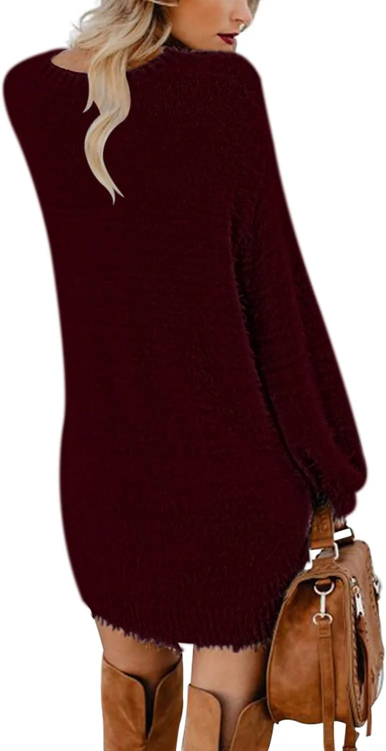 Meenew Women's Furry Pullover Sweater Dress Loose Oversized Long Knitted Tops