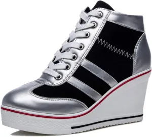 Mei MACLEOD Women Wedge Sneakers Platform Wedge High Heel Sneakers Ankle Booties Casual Canvas Shoes