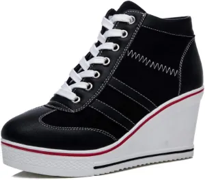 Mei MACLEOD Women Wedge Sneakers Platform Wedge High Heel Sneakers Ankle Booties Casual Canvas Shoes
