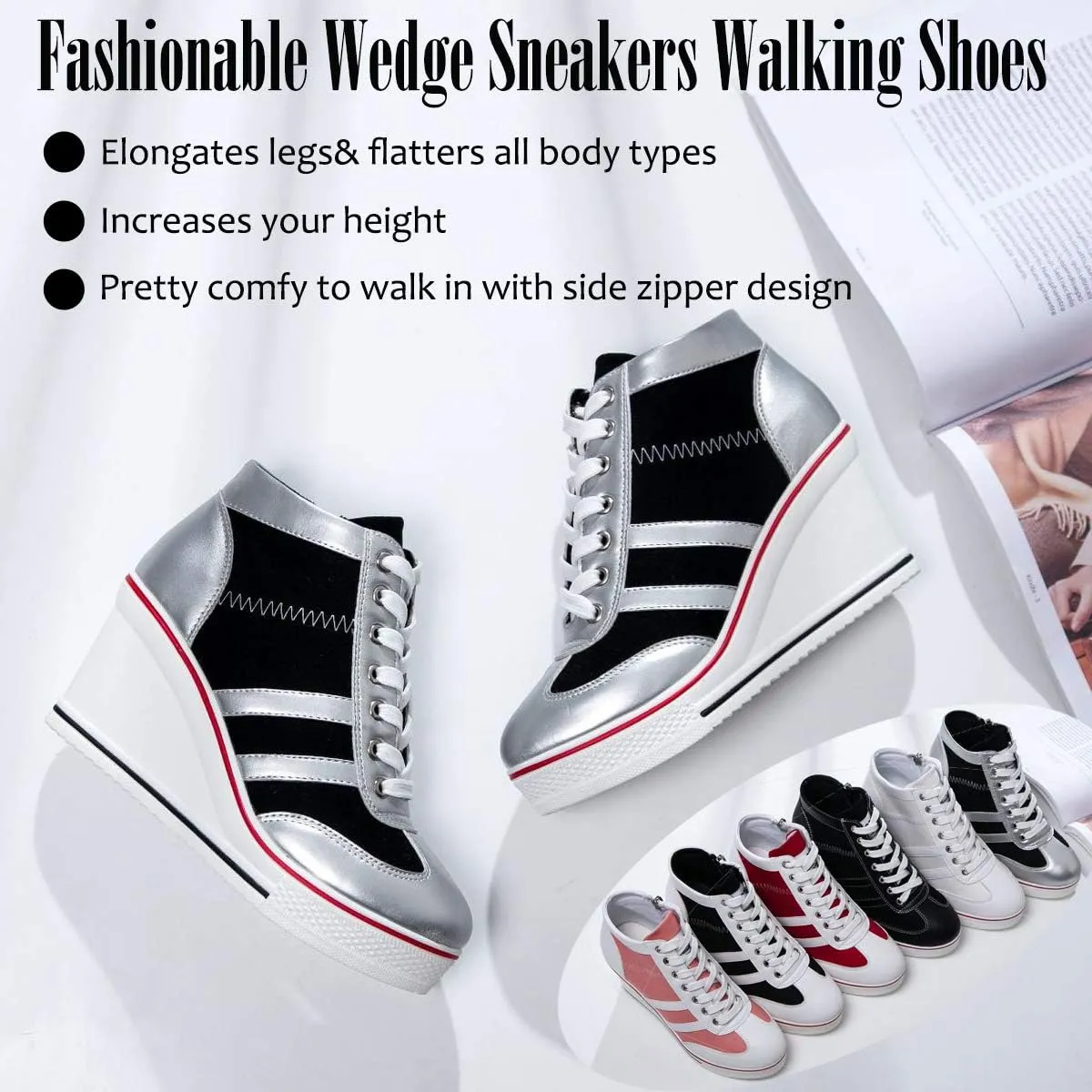 Mei MACLEOD Women Wedge Sneakers Platform Wedge High Heel Sneakers Ankle Booties Casual Canvas Shoes