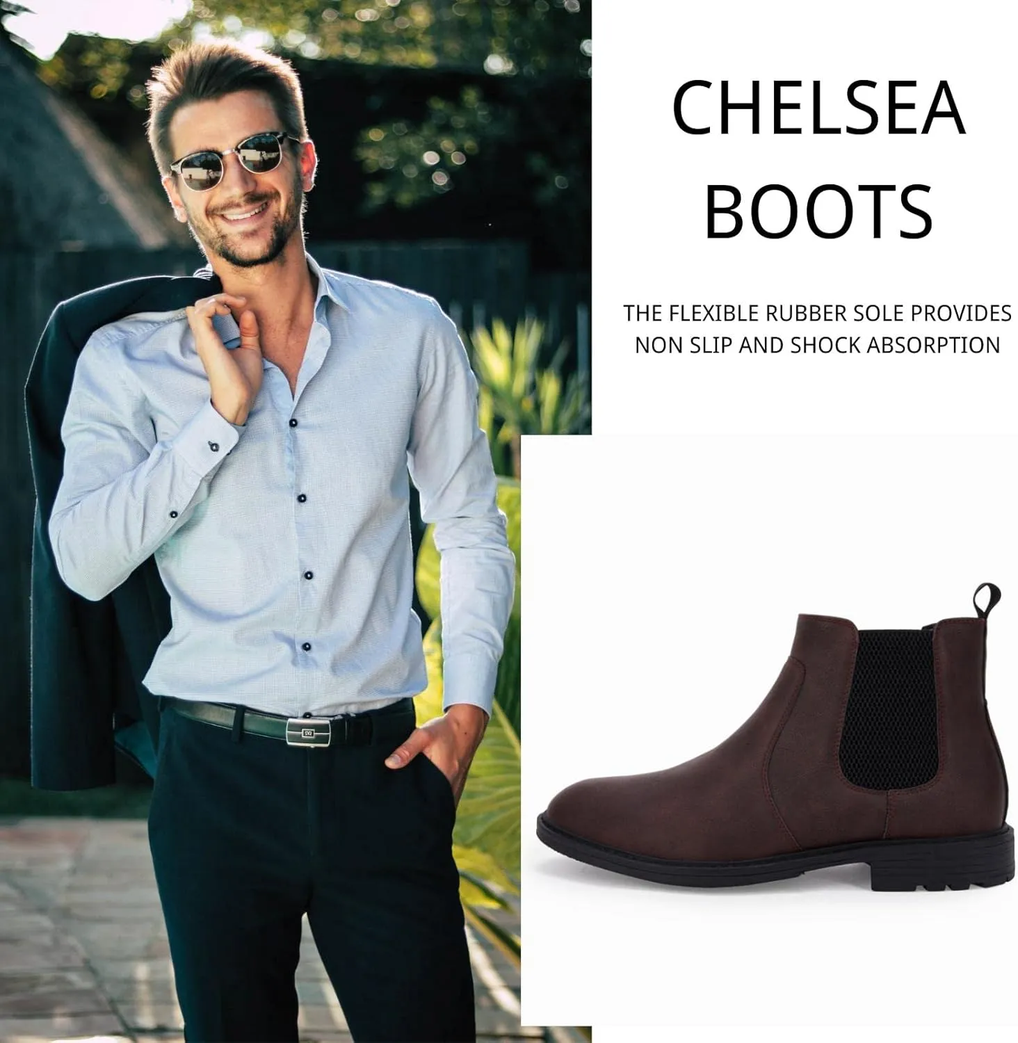 Men's Ankle Boots Chelsea Round Toe Slip on Waterproof Faux Leather Classic Dress Booties for Men
