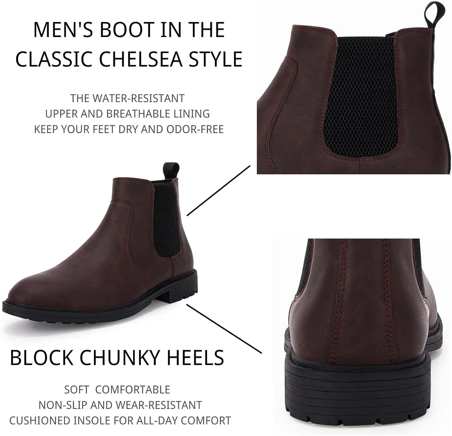 Men's Ankle Boots Chelsea Round Toe Slip on Waterproof Faux Leather Classic Dress Booties for Men
