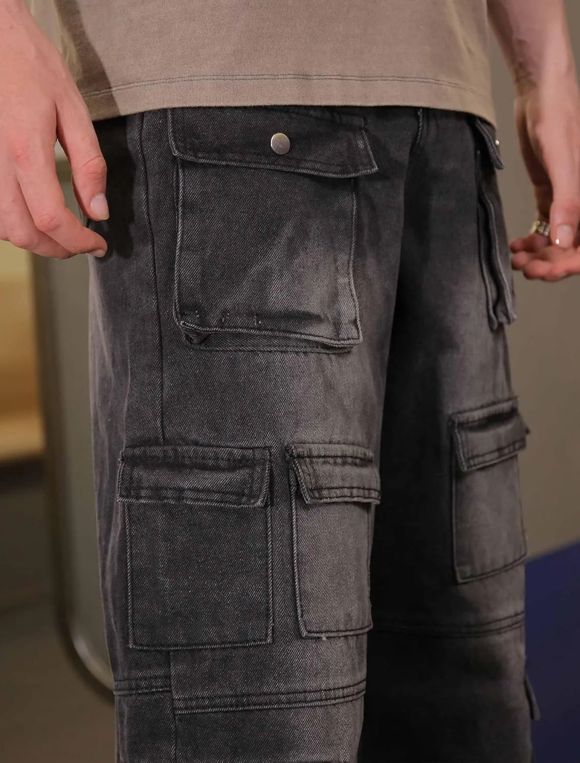 Men's Baggy Cargo Jeans Wide Leg Hip Hop Jeans Loose Fit Multiple Pockets Denim Pants Streetwear