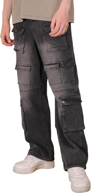 Men's Baggy Cargo Jeans Wide Leg Hip Hop Jeans Loose Fit Multiple Pockets Denim Pants Streetwear