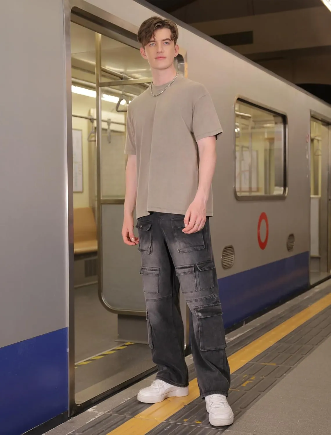 Men's Baggy Cargo Jeans Wide Leg Hip Hop Jeans Loose Fit Multiple Pockets Denim Pants Streetwear