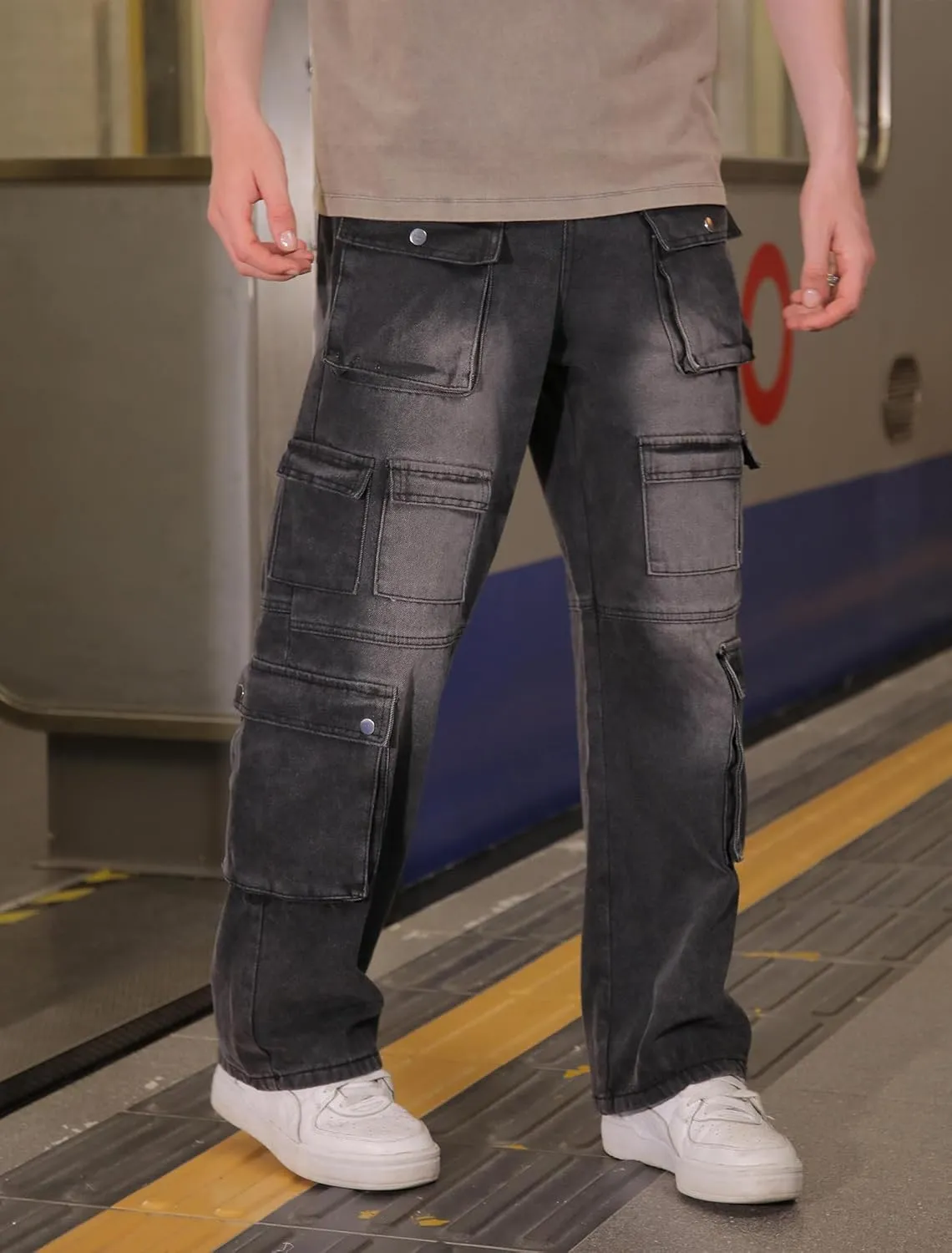 Men's Baggy Cargo Jeans Wide Leg Hip Hop Jeans Loose Fit Multiple Pockets Denim Pants Streetwear