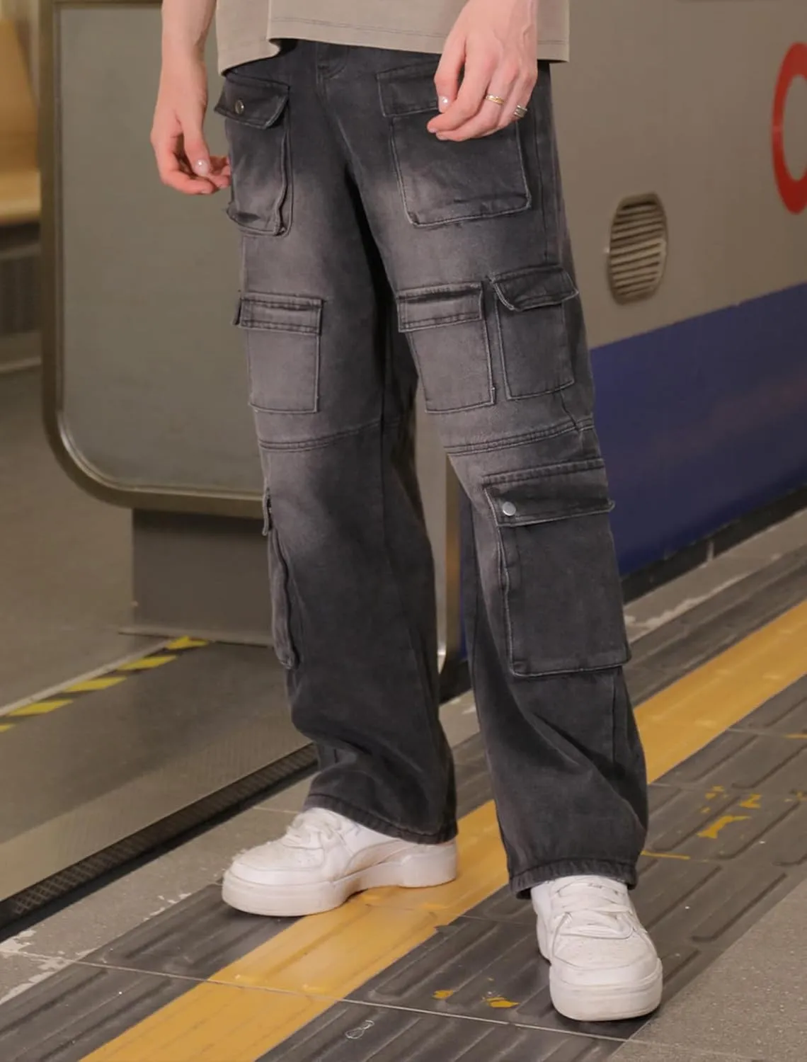 Men's Baggy Cargo Jeans Wide Leg Hip Hop Jeans Loose Fit Multiple Pockets Denim Pants Streetwear