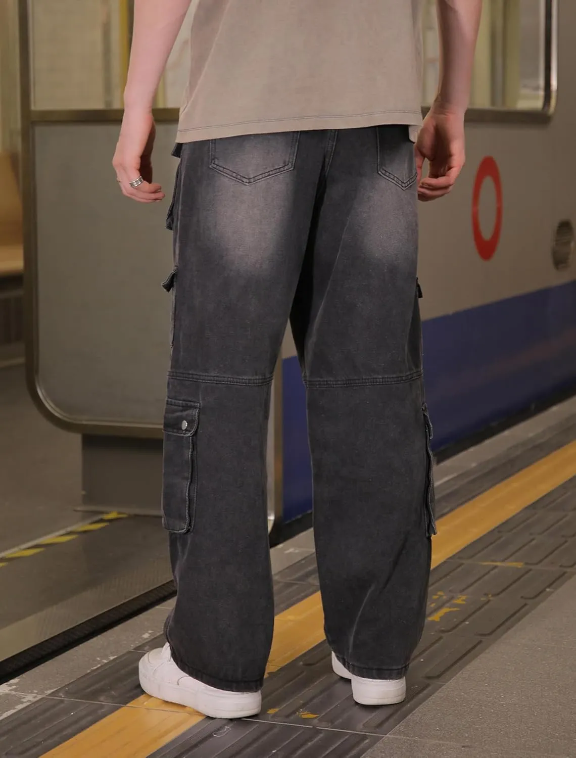 Men's Baggy Cargo Jeans Wide Leg Hip Hop Jeans Loose Fit Multiple Pockets Denim Pants Streetwear
