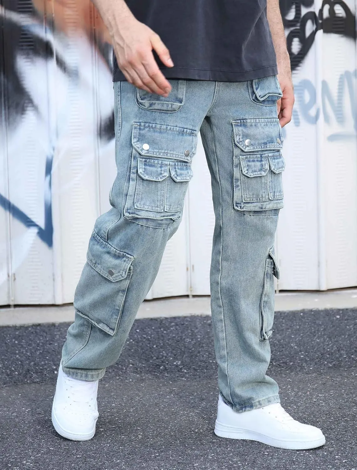 Men's Baggy Cargo Jeans Wide Leg Hip Hop Jeans Loose Fit Multiple Pockets Denim Pants Streetwear