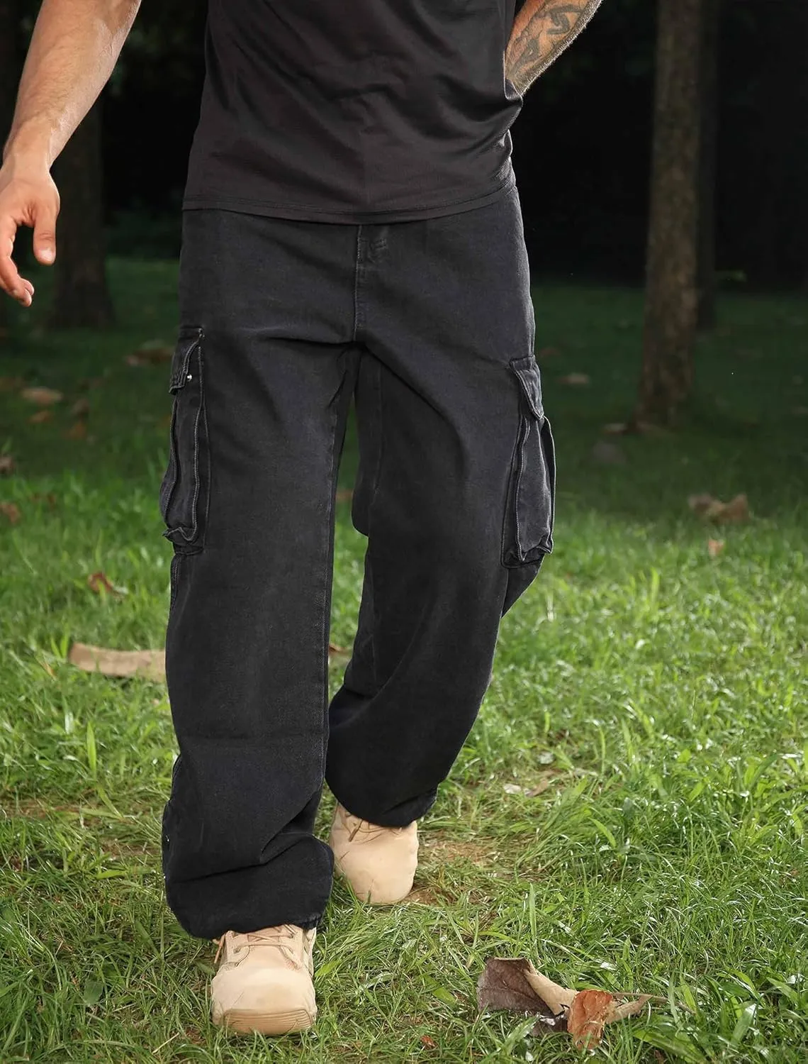 Men's Baggy Cargo Jeans Wide Leg Hip Hop Jeans Loose Fit Multiple Pockets Denim Pants Streetwear