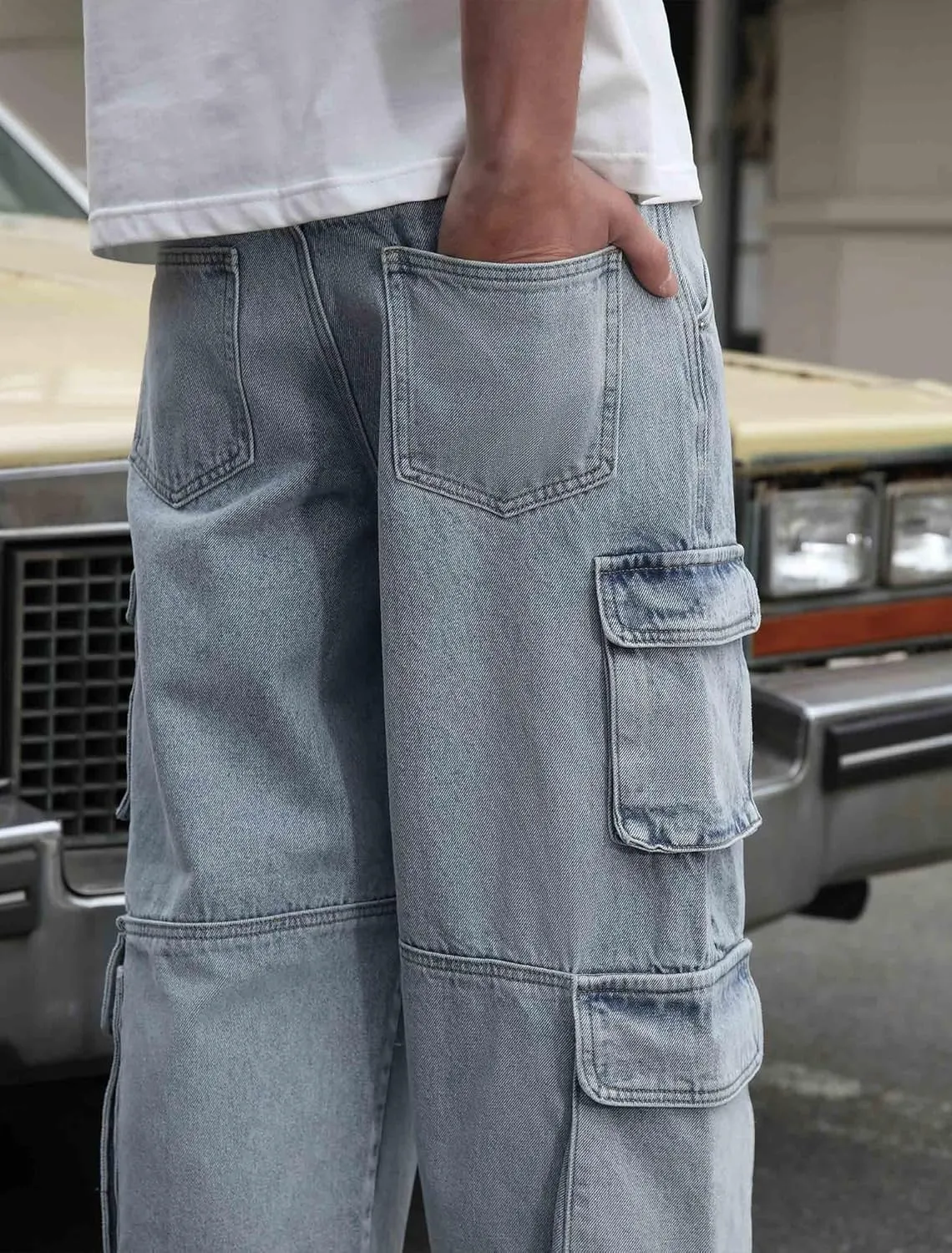 Mens Baggy Cargo Jeans Wide Leg Hip Hop Jeans Streetwear Loose Fit Denim Pants