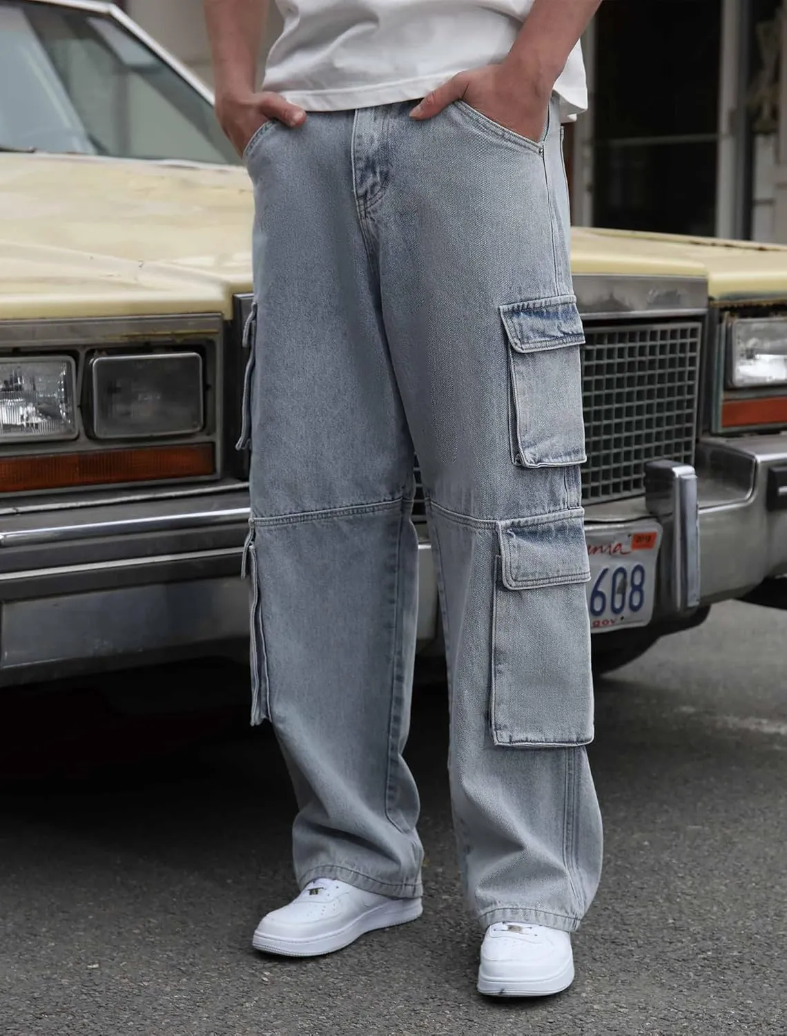 Mens Baggy Cargo Jeans Wide Leg Hip Hop Jeans Streetwear Loose Fit Denim Pants