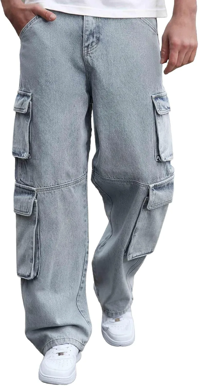 Mens Baggy Cargo Jeans Wide Leg Hip Hop Jeans Streetwear Loose Fit Denim Pants