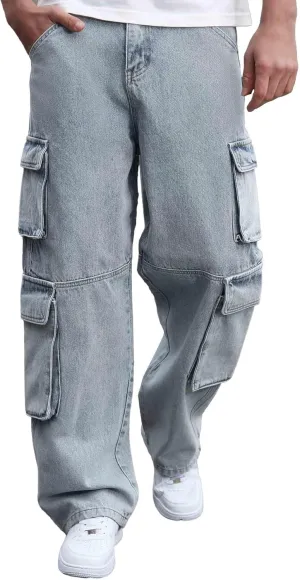 Mens Baggy Cargo Jeans Wide Leg Hip Hop Jeans Streetwear Loose Fit Denim Pants