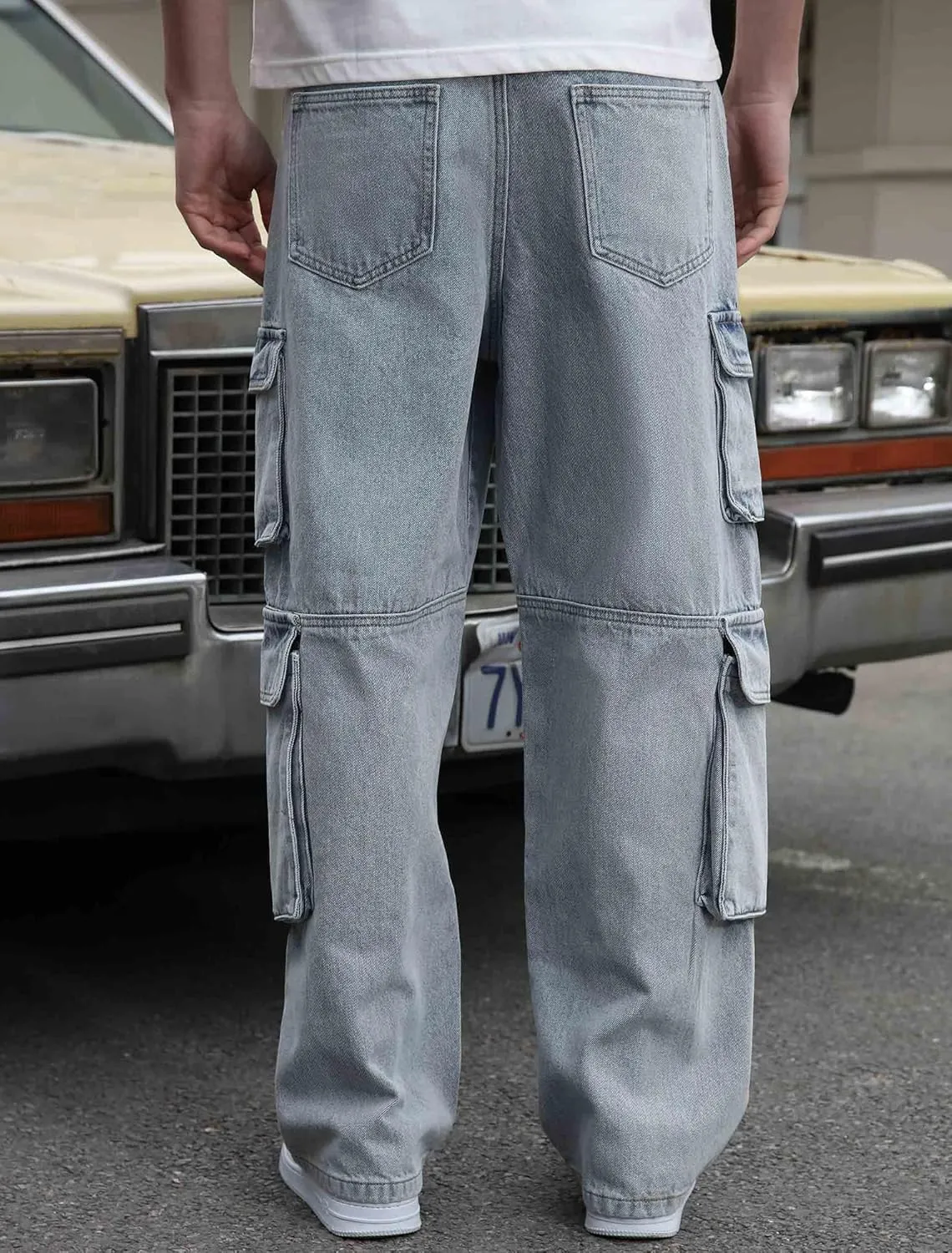 Mens Baggy Cargo Jeans Wide Leg Hip Hop Jeans Streetwear Loose Fit Denim Pants