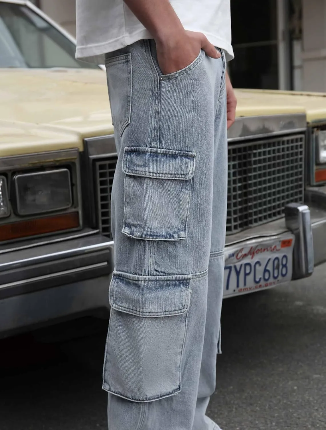Mens Baggy Cargo Jeans Wide Leg Hip Hop Jeans Streetwear Loose Fit Denim Pants