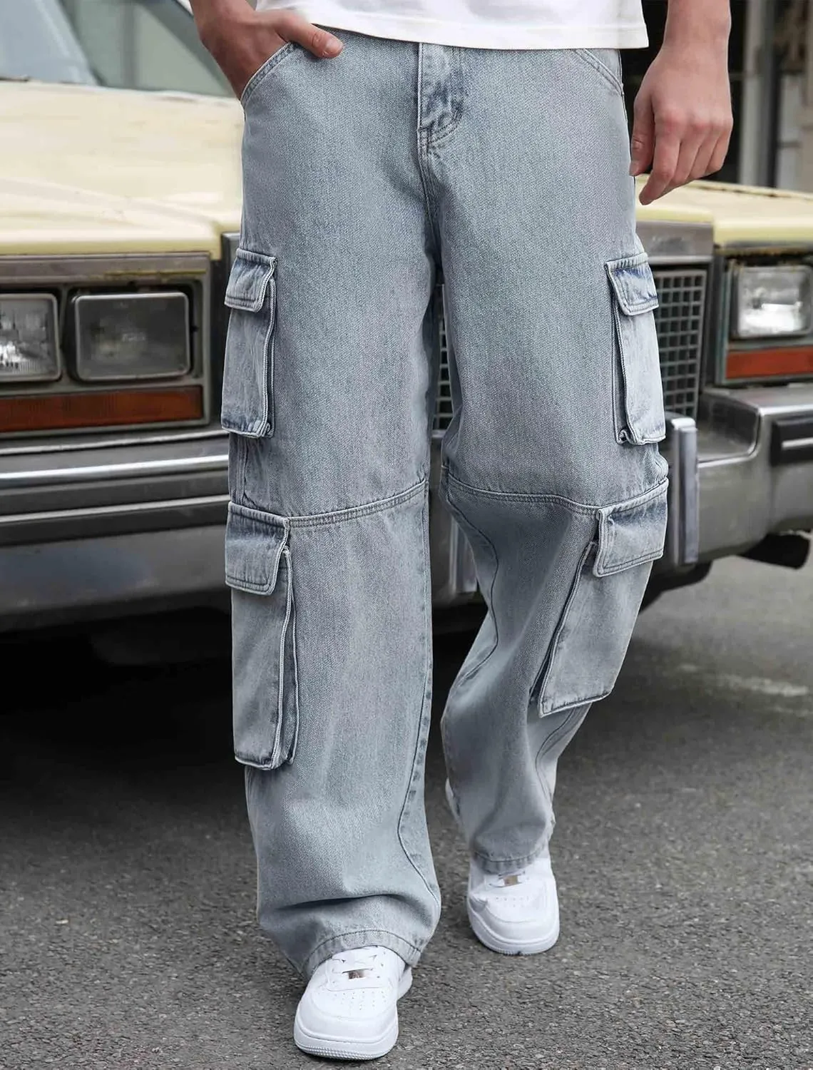 Mens Baggy Cargo Jeans Wide Leg Hip Hop Jeans Streetwear Loose Fit Denim Pants