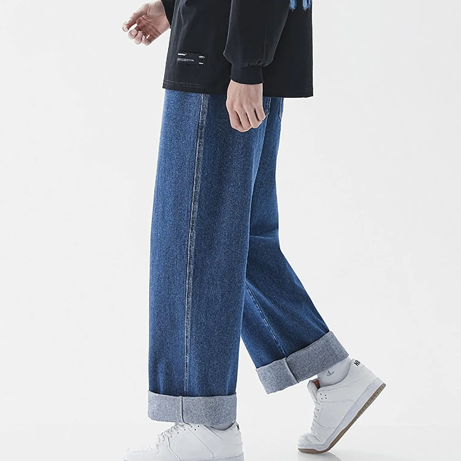 Men's Baggy Hip Hop Jeans Wide Leg Skater Denim Pants Casual Loose Fit Long Trousers Streetwear
