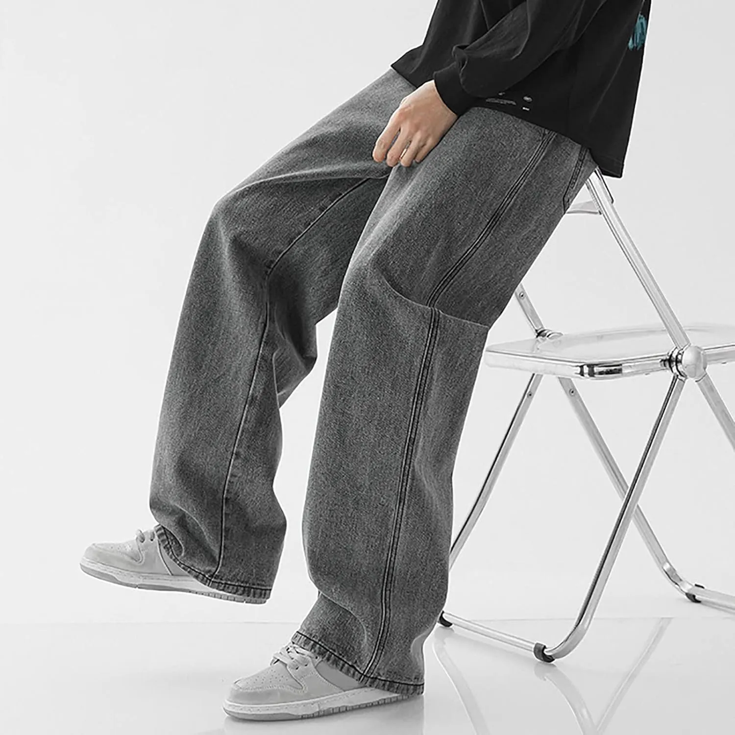 Men's Baggy Hip Hop Jeans Wide Leg Skater Denim Pants Casual Loose Fit Long Trousers Streetwear