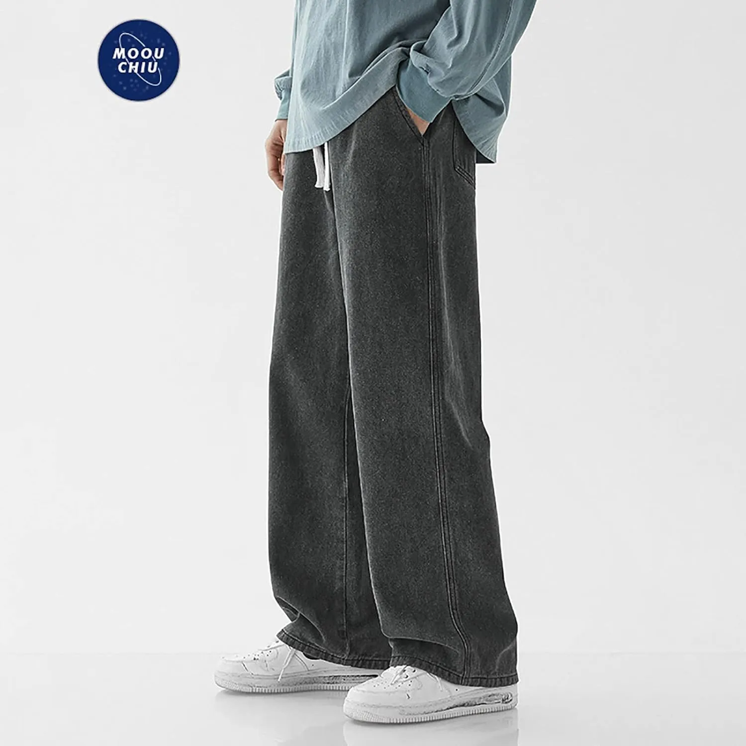 Men's Baggy Hip Hop Jeans Wide Leg Skater Denim Pants Casual Loose Fit Long Trousers Streetwear