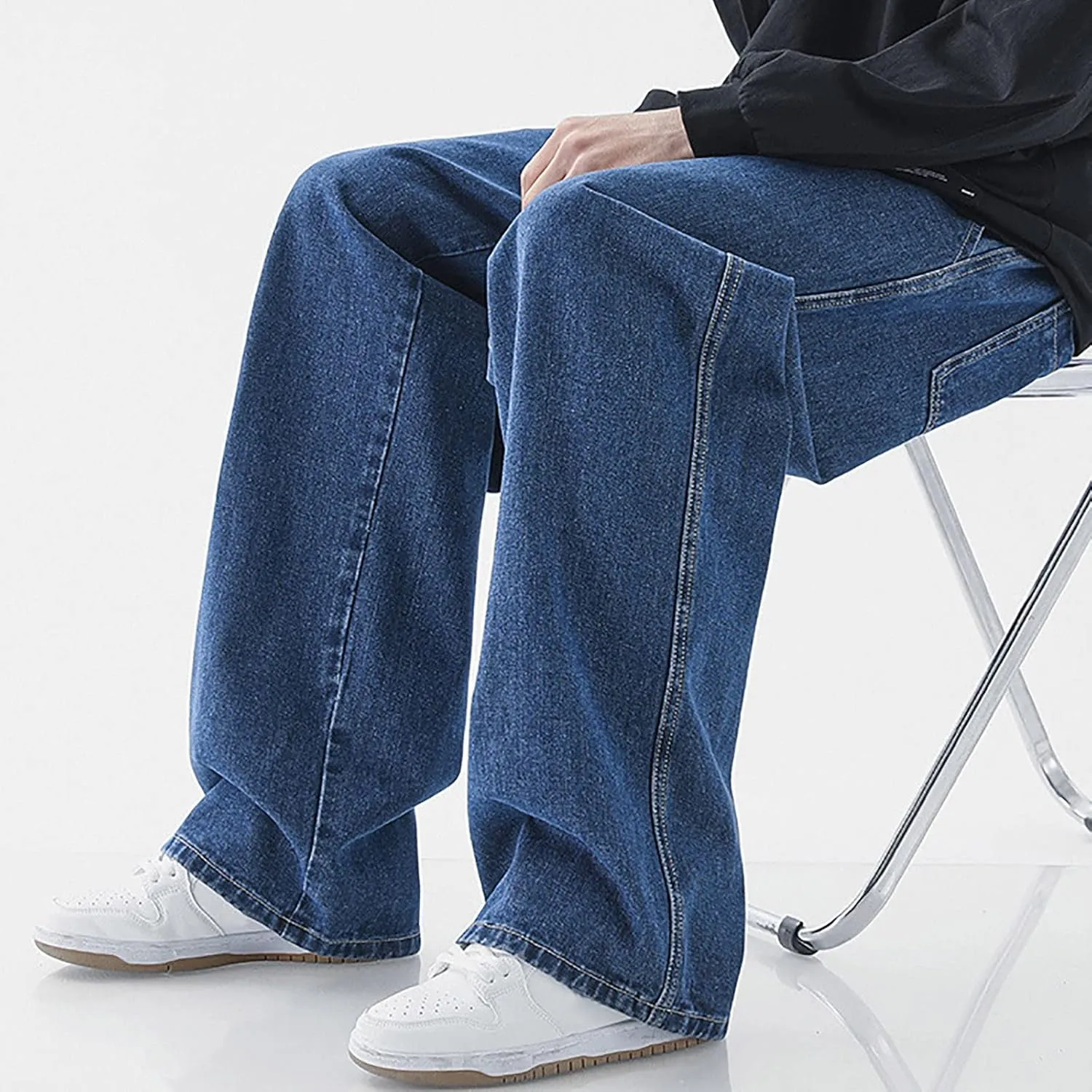 Men's Baggy Hip Hop Jeans Wide Leg Skater Denim Pants Casual Loose Fit Long Trousers Streetwear