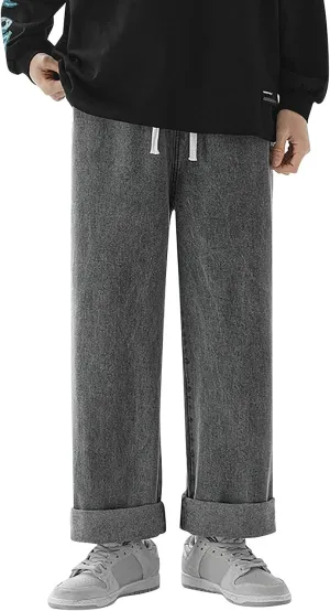 Men's Baggy Hip Hop Jeans Wide Leg Skater Denim Pants Casual Loose Fit Long Trousers Streetwear