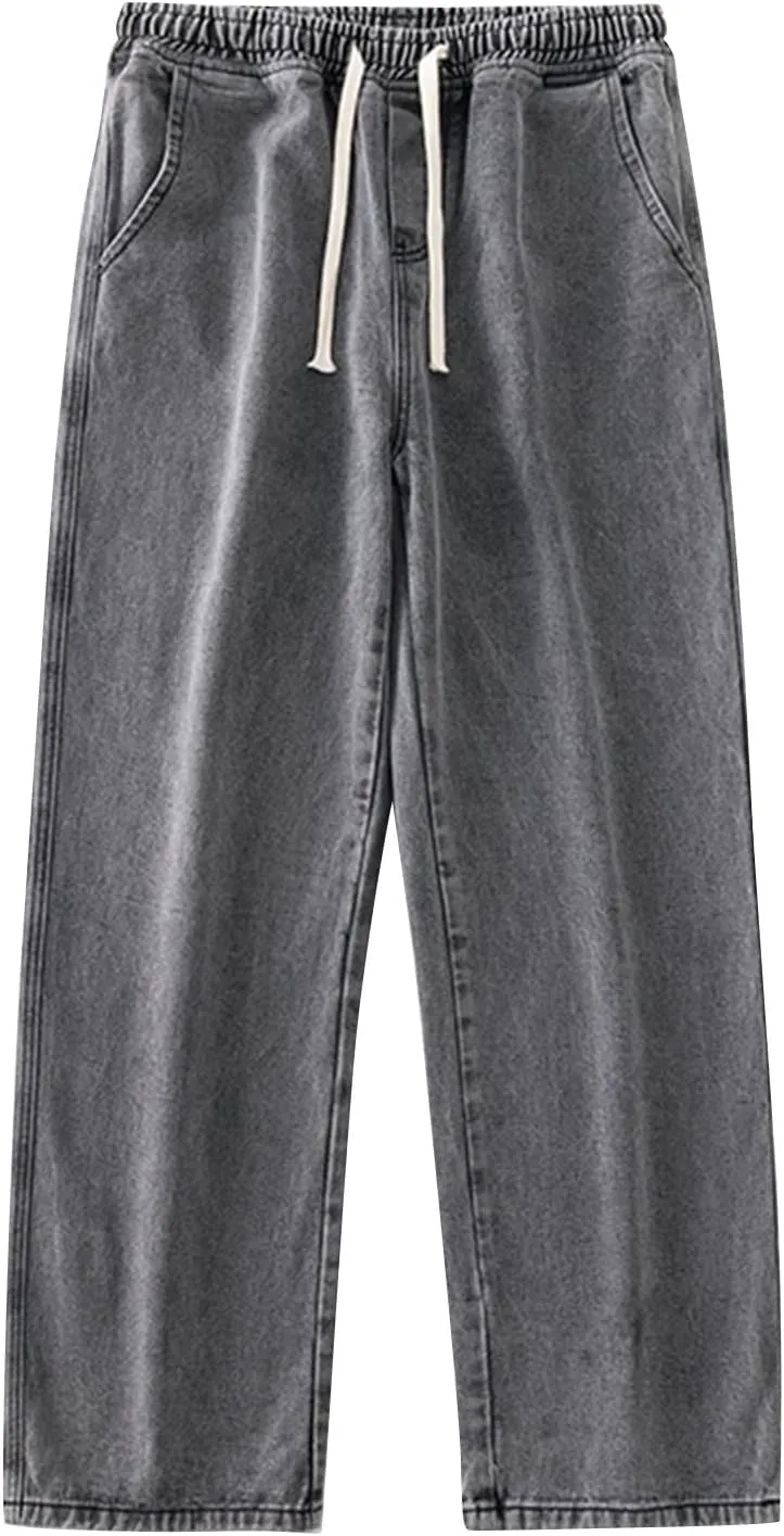 Men's Baggy Hip Hop Jeans Wide Leg Skater Denim Pants Casual Loose Fit Long Trousers Streetwear