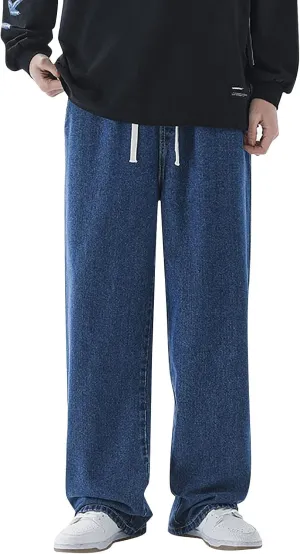 Men's Baggy Hip Hop Jeans Wide Leg Skater Denim Pants Casual Loose Fit Long Trousers Streetwear