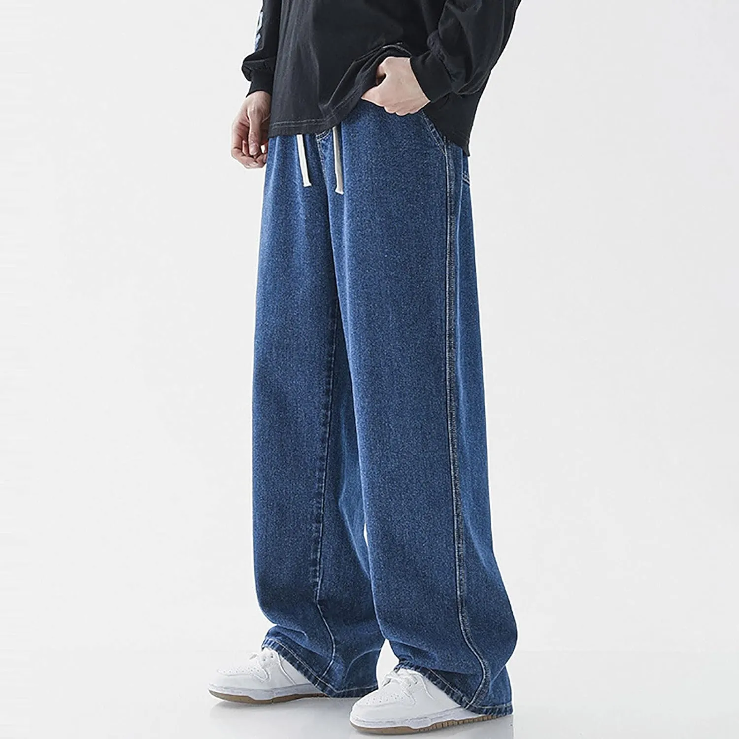 Men's Baggy Hip Hop Jeans Wide Leg Skater Denim Pants Casual Loose Fit Long Trousers Streetwear