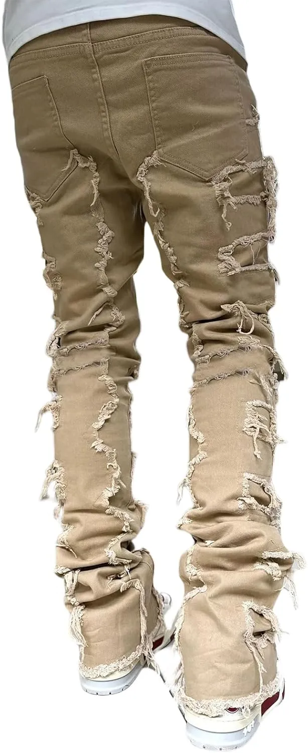 Men's Black Stacked Jeans Ripped Jeans Patch Distressed Destroyed Denim Trousers Streetwear Men Pants Daily Fit