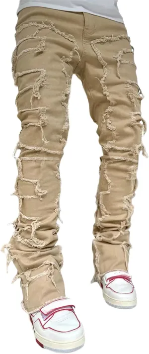 Men's Black Stacked Jeans Ripped Jeans Patch Distressed Destroyed Denim Trousers Streetwear Men Pants Daily Fit
