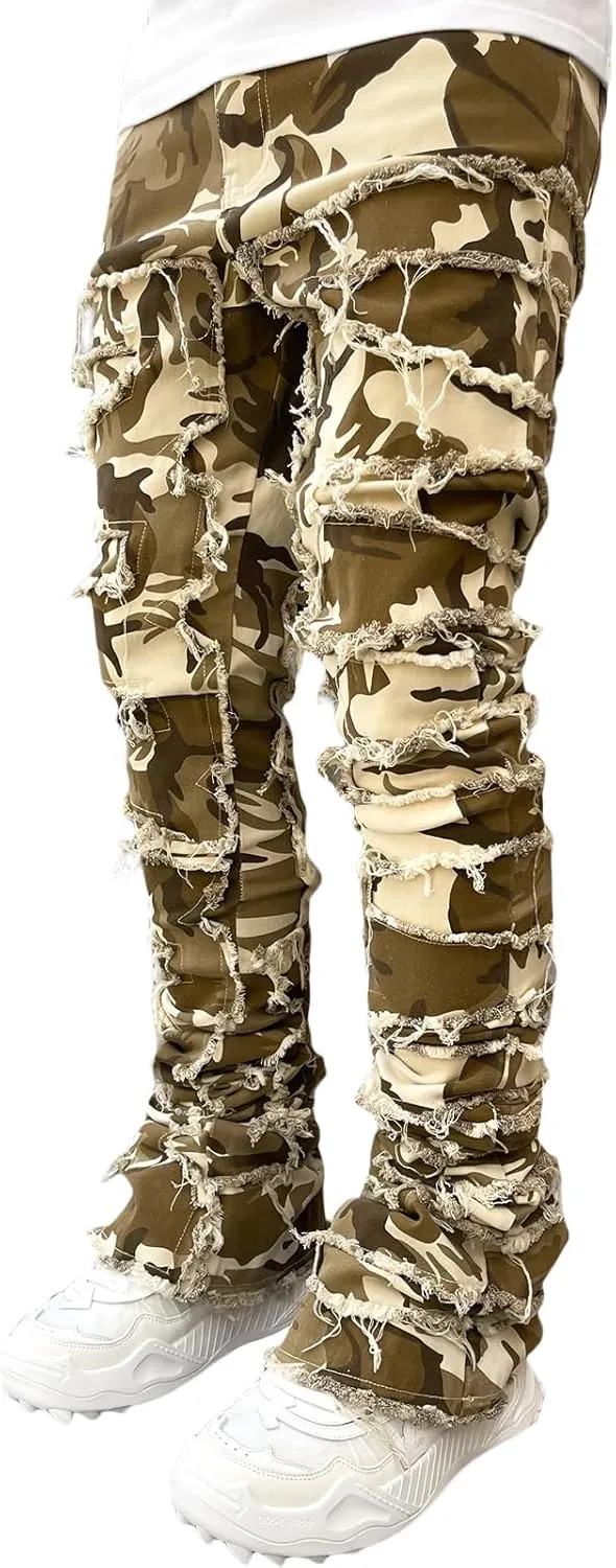 Men's Black Stacked Jeans Ripped Jeans Patch Distressed Destroyed Denim Trousers Streetwear Men Pants Daily Fit