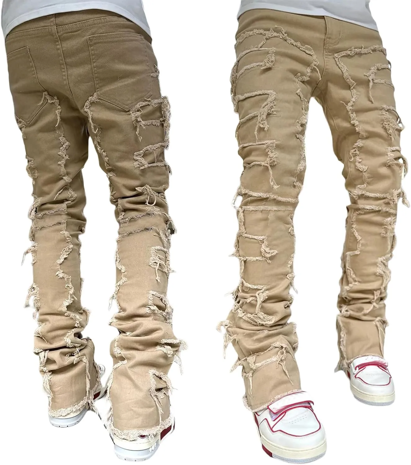 Men's Black Stacked Jeans Ripped Jeans Patch Distressed Destroyed Denim Trousers Streetwear Men Pants Daily Fit