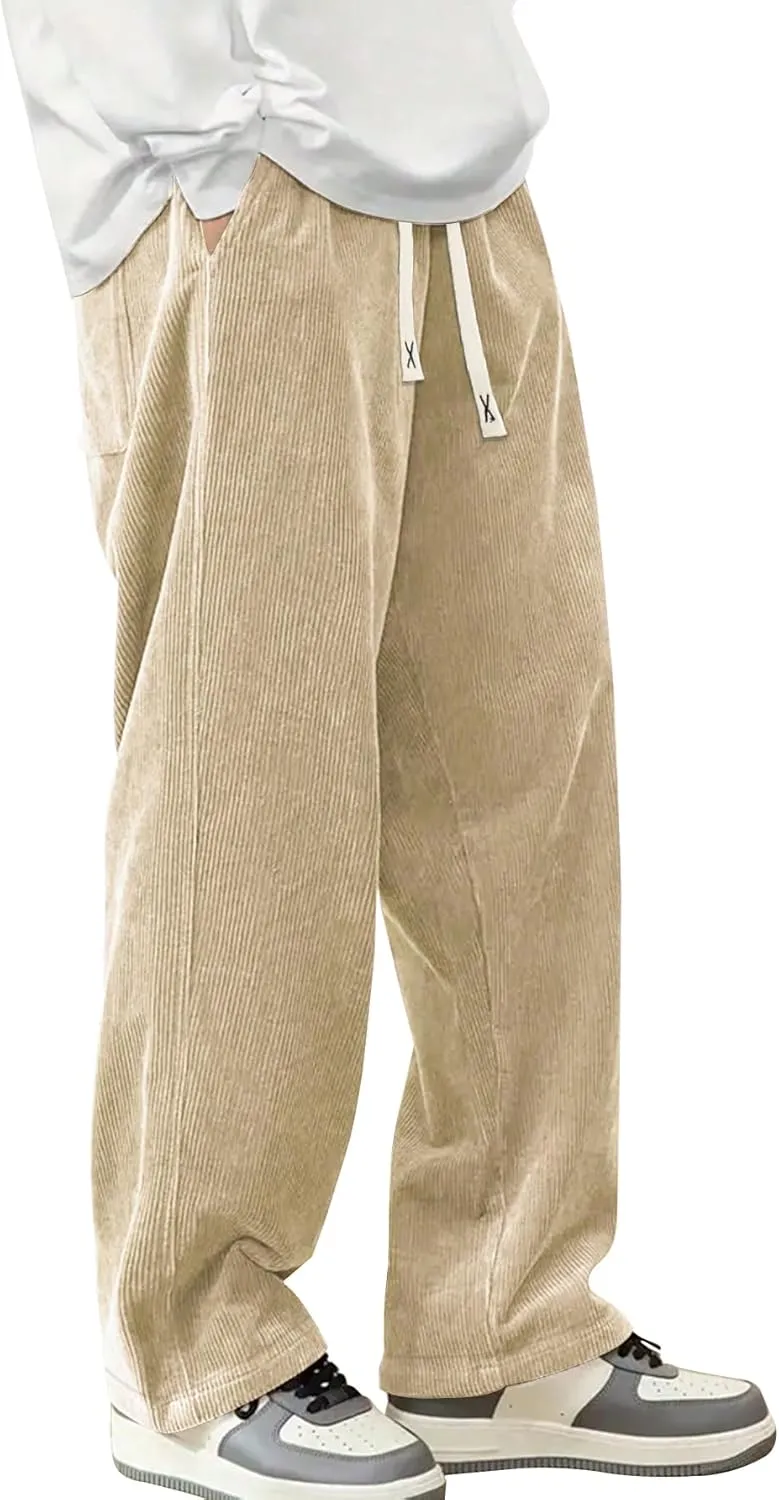 Mens Corduroy Casual Pants Fashion Loose Fit Wide Leg Pants Straight Sweatpants Elastic Waist Drawstring