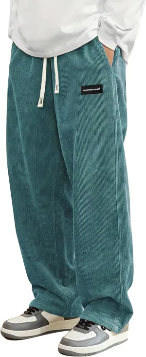Mens Corduroy Casual Pants Fashion Loose Fit Wide Leg Pants Straight Sweatpants Elastic Waist Drawstring