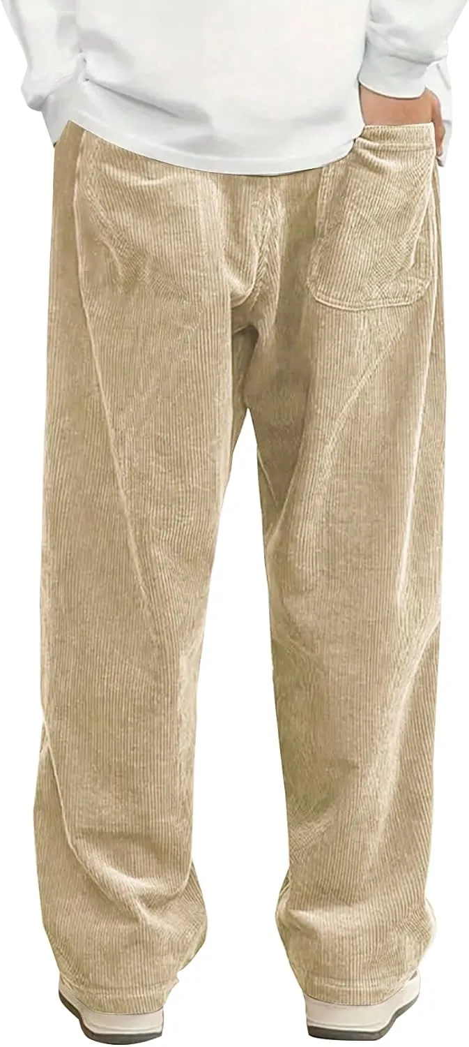 Mens Corduroy Casual Pants Fashion Loose Fit Wide Leg Pants Straight Sweatpants Elastic Waist Drawstring