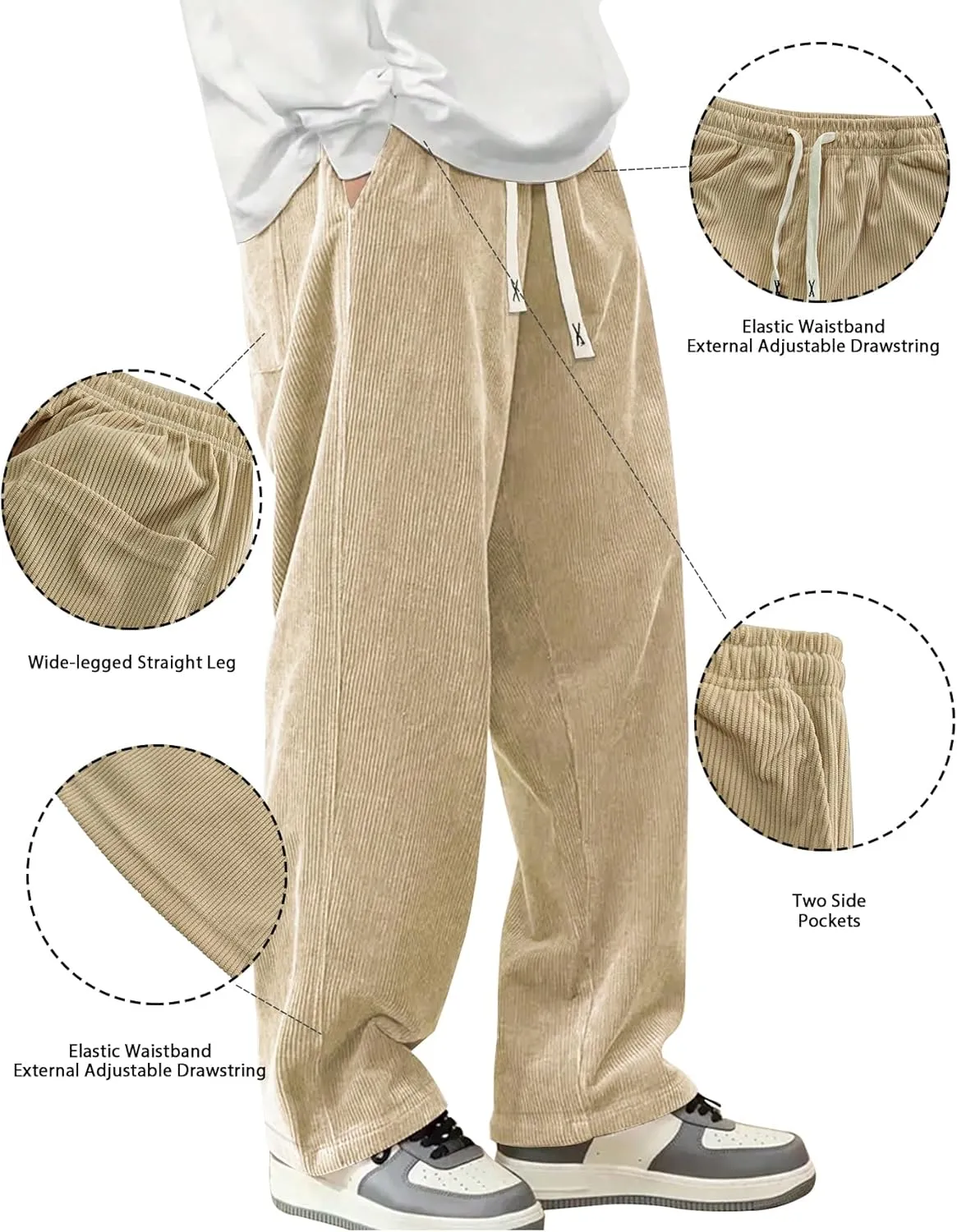 Mens Corduroy Casual Pants Fashion Loose Fit Wide Leg Pants Straight Sweatpants Elastic Waist Drawstring