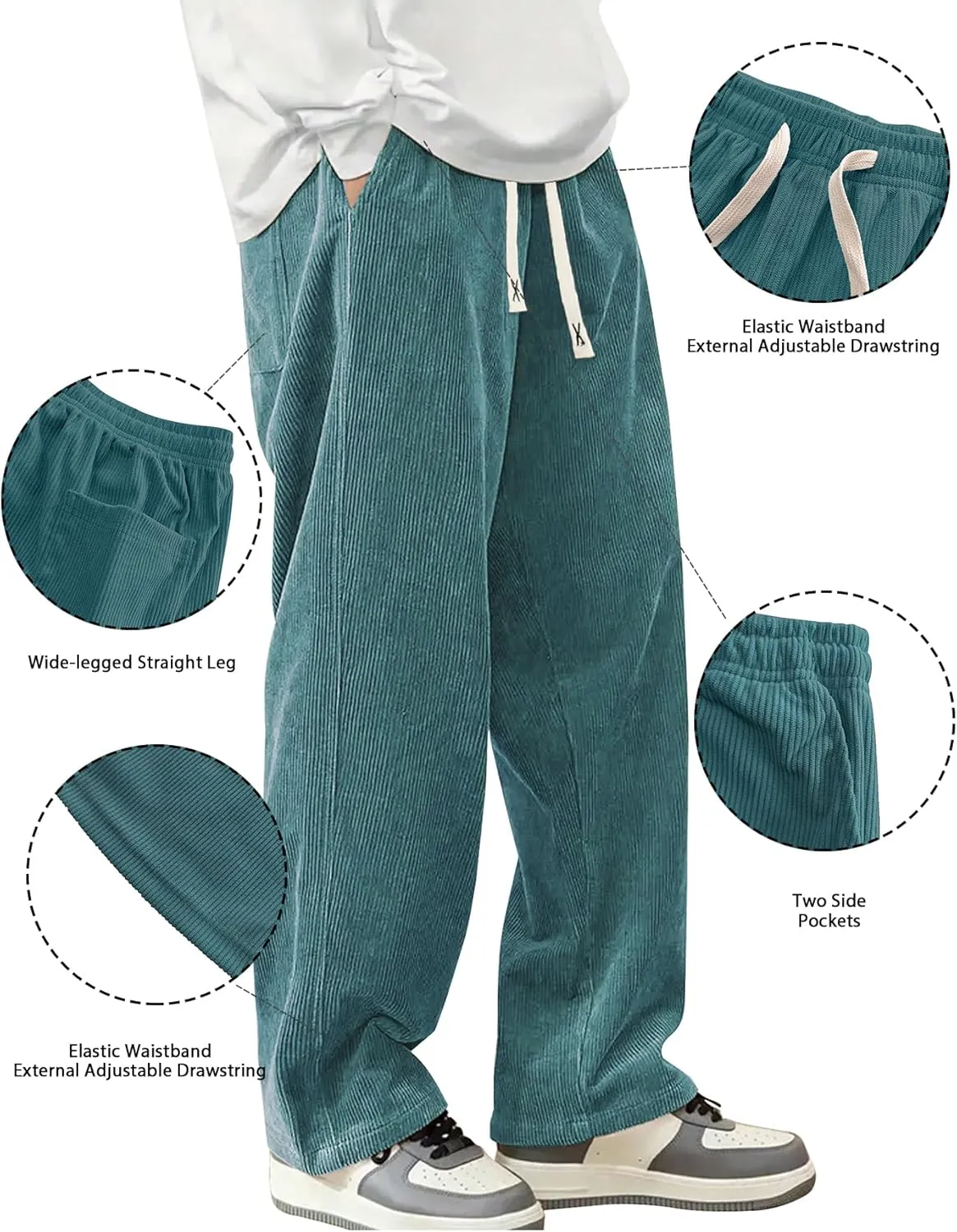 Mens Corduroy Casual Pants Fashion Loose Fit Wide Leg Pants Straight Sweatpants Elastic Waist Drawstring
