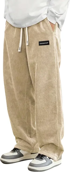 Mens Corduroy Casual Pants Fashion Loose Fit Wide Leg Pants Straight Sweatpants Elastic Waist Drawstring