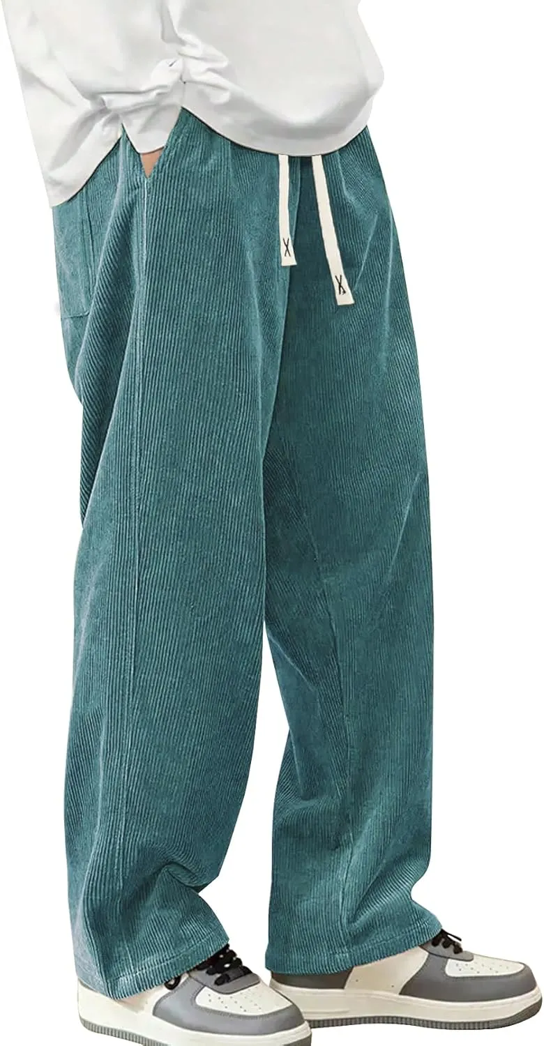 Mens Corduroy Casual Pants Fashion Loose Fit Wide Leg Pants Straight Sweatpants Elastic Waist Drawstring