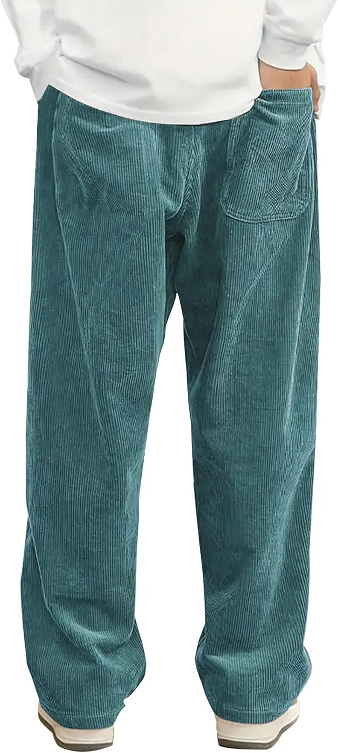 Mens Corduroy Casual Pants Fashion Loose Fit Wide Leg Pants Straight Sweatpants Elastic Waist Drawstring