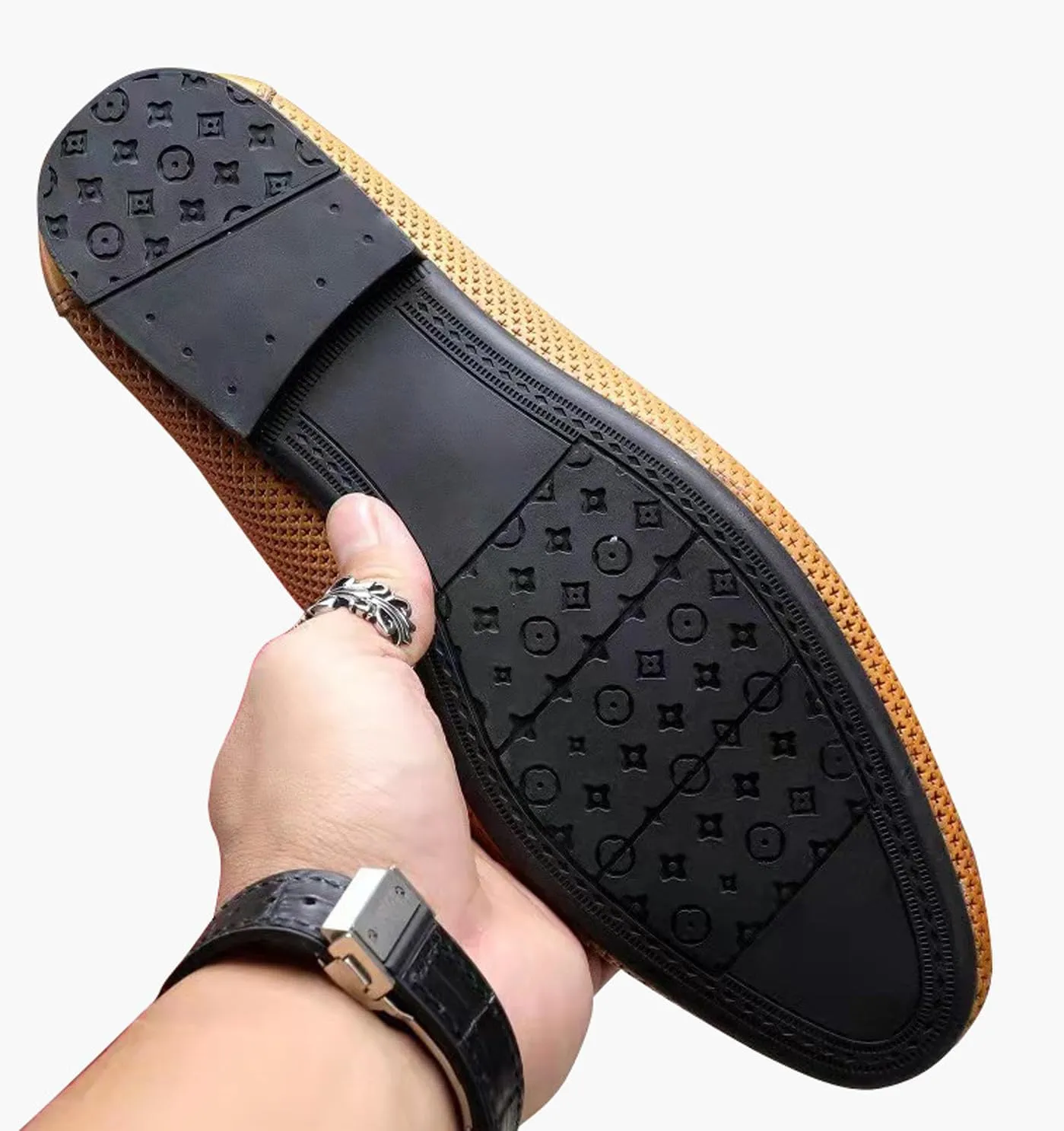 Men's Dress Loafers Leather Shoes - Classic Penny Loafers for Work, Casual-Non-Slip, Comfortable Walking Shoes-Breathable Hollow Design Mocasines