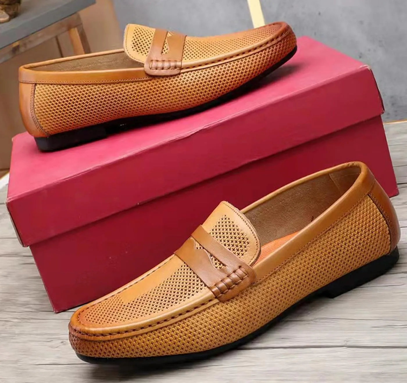 Men's Dress Loafers Leather Shoes - Classic Penny Loafers for Work, Casual-Non-Slip, Comfortable Walking Shoes-Breathable Hollow Design Mocasines