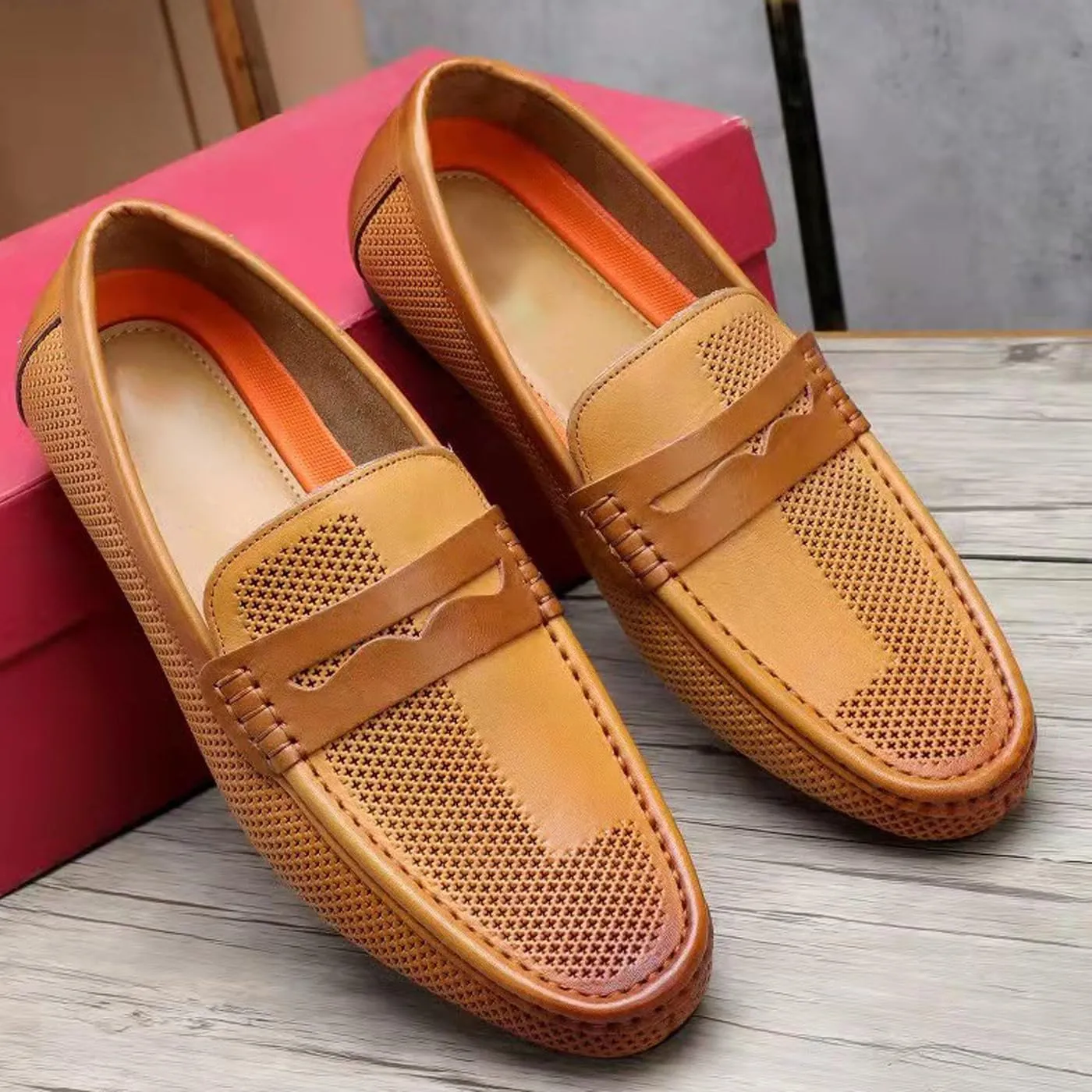 Men's Dress Loafers Leather Shoes - Classic Penny Loafers for Work, Casual-Non-Slip, Comfortable Walking Shoes-Breathable Hollow Design Mocasines