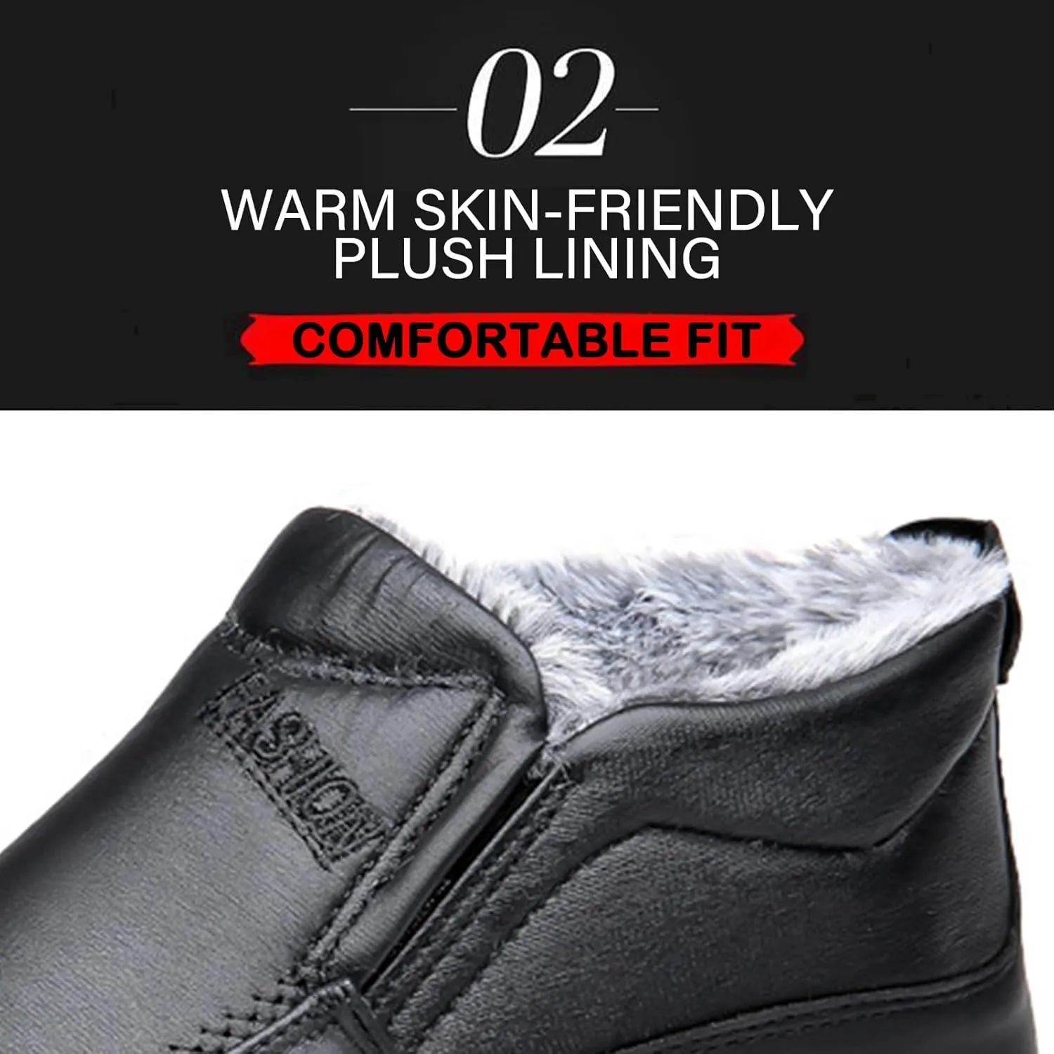 Men's Leather Warm Fur Lined Slip On Snow Boots Winter Hand Stitching Low Top Anti-Slip Outdoor Water Resistant Sneakers Boots Lightweight Casual Walking Loafers Shoes